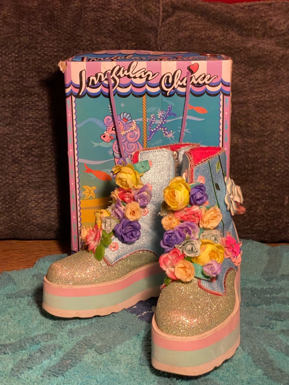 Irregular Choice GARDEN SPARKLE combat boots,pastels,glitter,floral appliqué,8